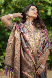 Rangkat Purpureus Wine Leheriya Design Banarasi Organza Saree